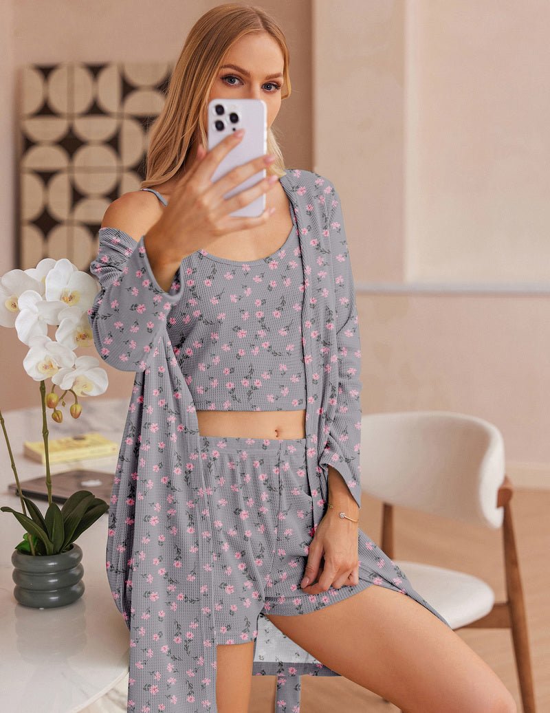 Pink micro-floral waffle pajama set: long-sleeve wrap-style robe top with cami & shorts