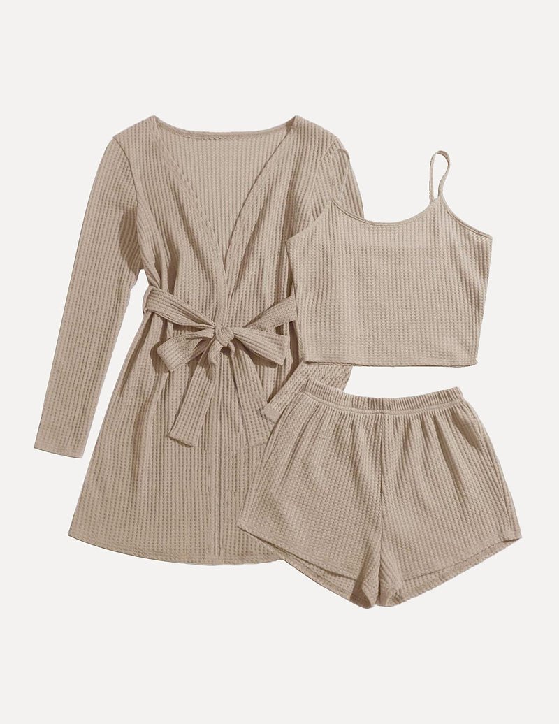 Teddy Soft waffle pajama set in beige: long-sleeve dress, cami crop top & shorts