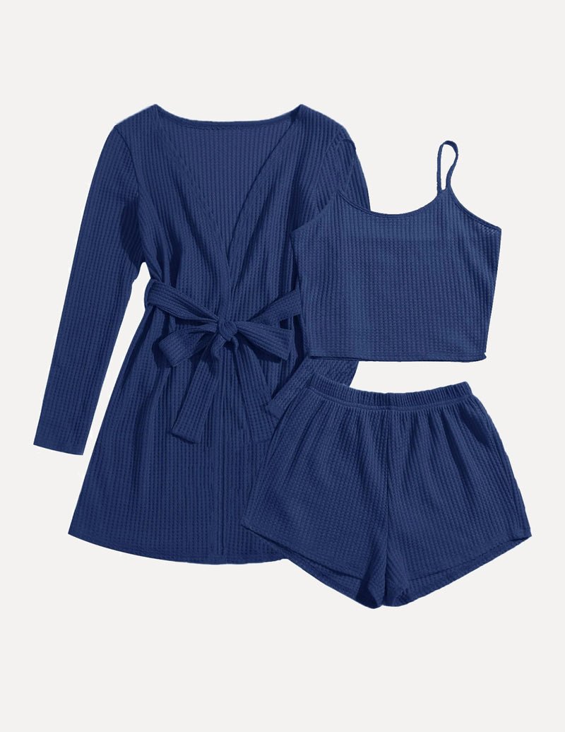 Navyblaues 3-teiliges Schlafset: Gürtelrobe, Trägerhemd, Shorts