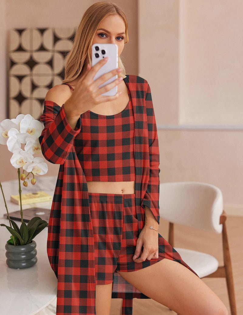 Red and black plaid waffle pajama set: long-sleeve robe, crop cami top & shorts