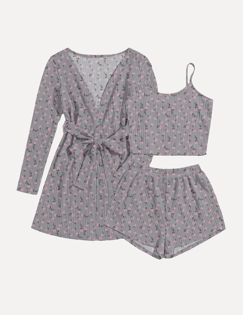 Gray micro-floral waffle pajama set: long-sleeve wrap dress, cami crop top & shorts