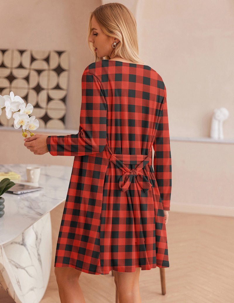 Back view of red plaid waffle robe pajama set with tie waist and matching shorts