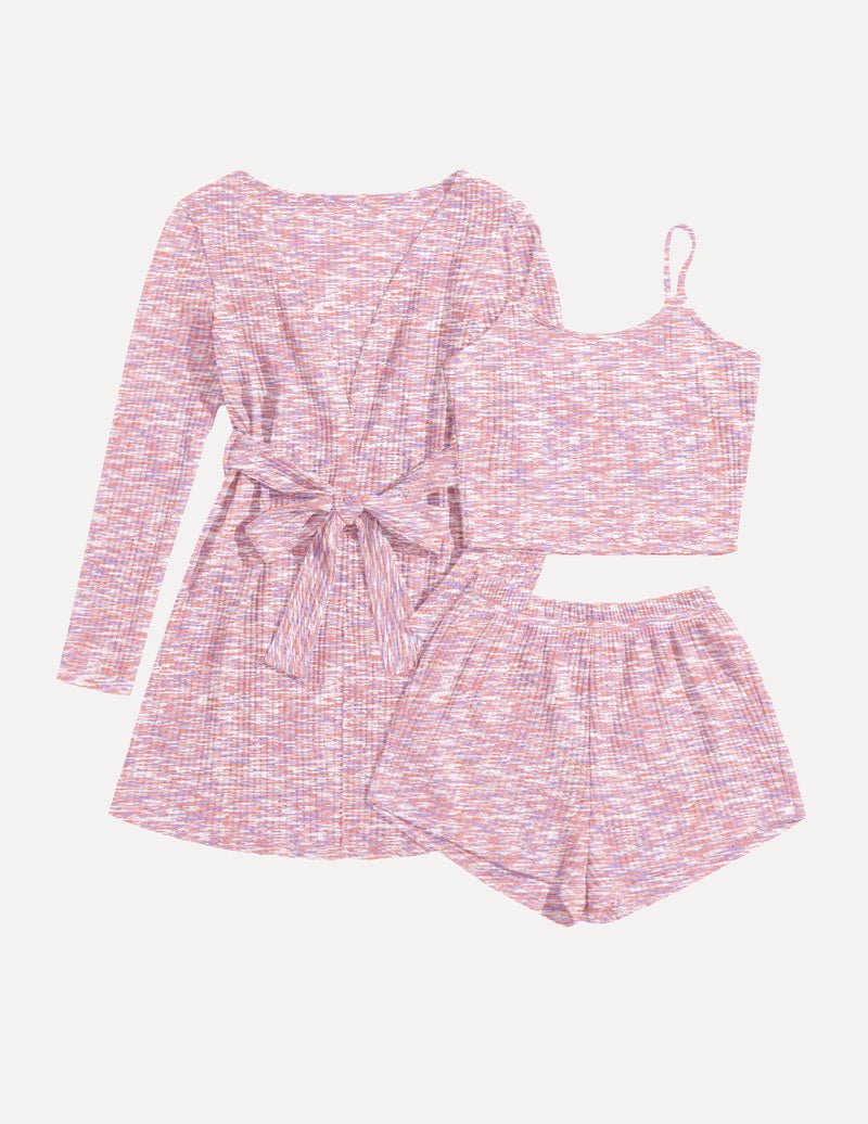 Light pink heather waffle pajama set: long-sleeve robe, camisole, and shorts
