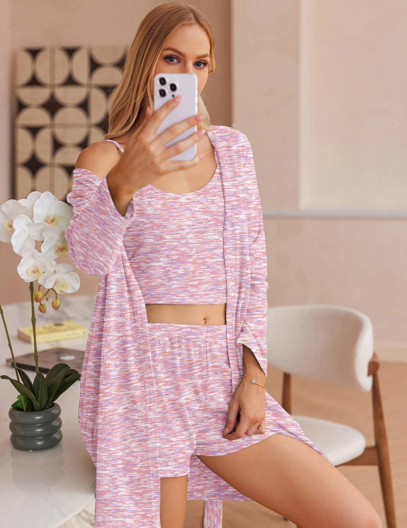 3-piece pajama set, rosa meliert: long-sleeve crop top and matching shorts