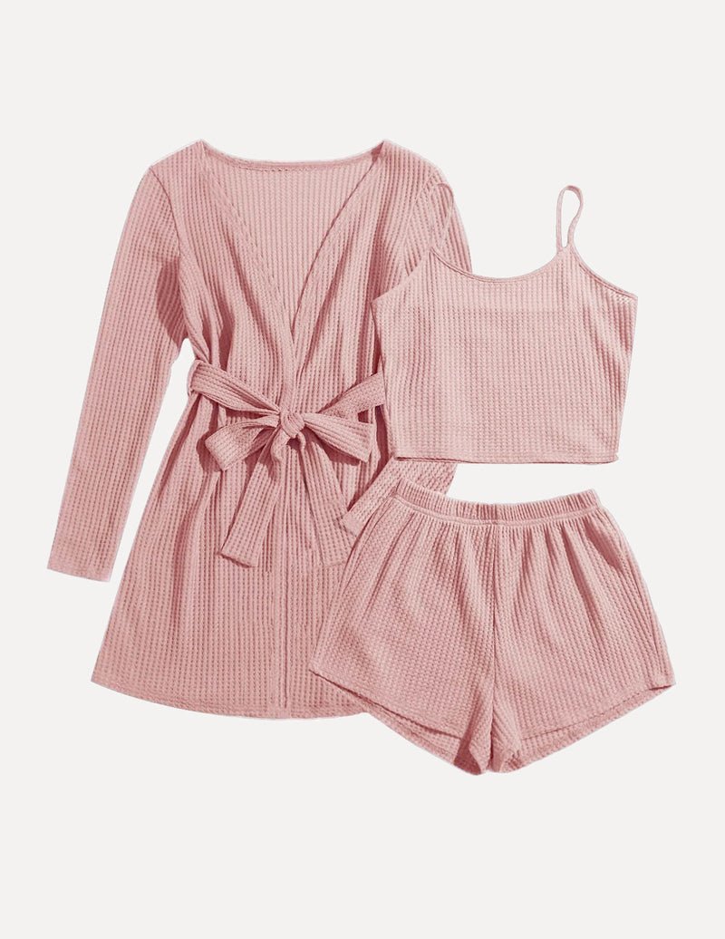 Teddy Soft waffle pajama set in pink: long-sleeve dress, cami crop top & shorts