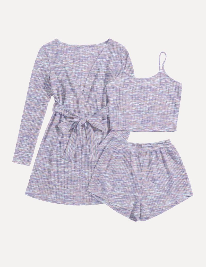 3-piece pajama set, rosa meliert: long-sleeve top with tie-back, camisole, shorts