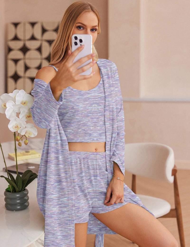 3-piece pajama set, rosa meliert: long-sleeve top over crop cami with matching shorts