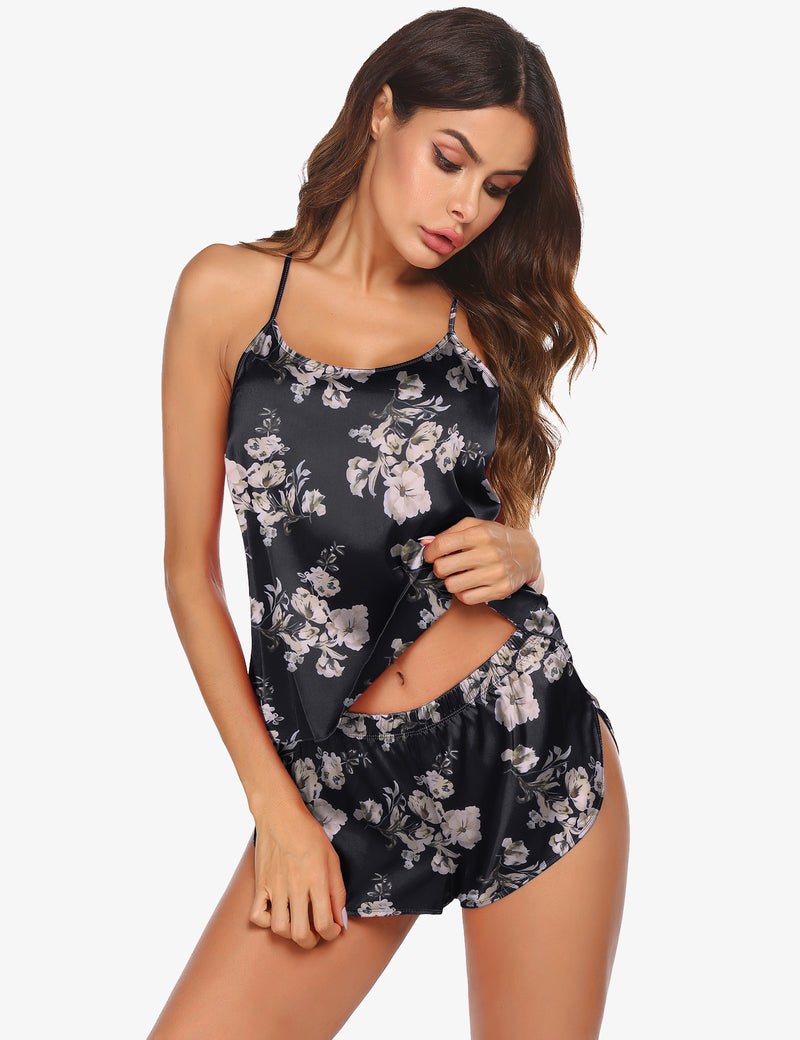 Black satin floral camisole top & shorts set, sleeveless with side cutout