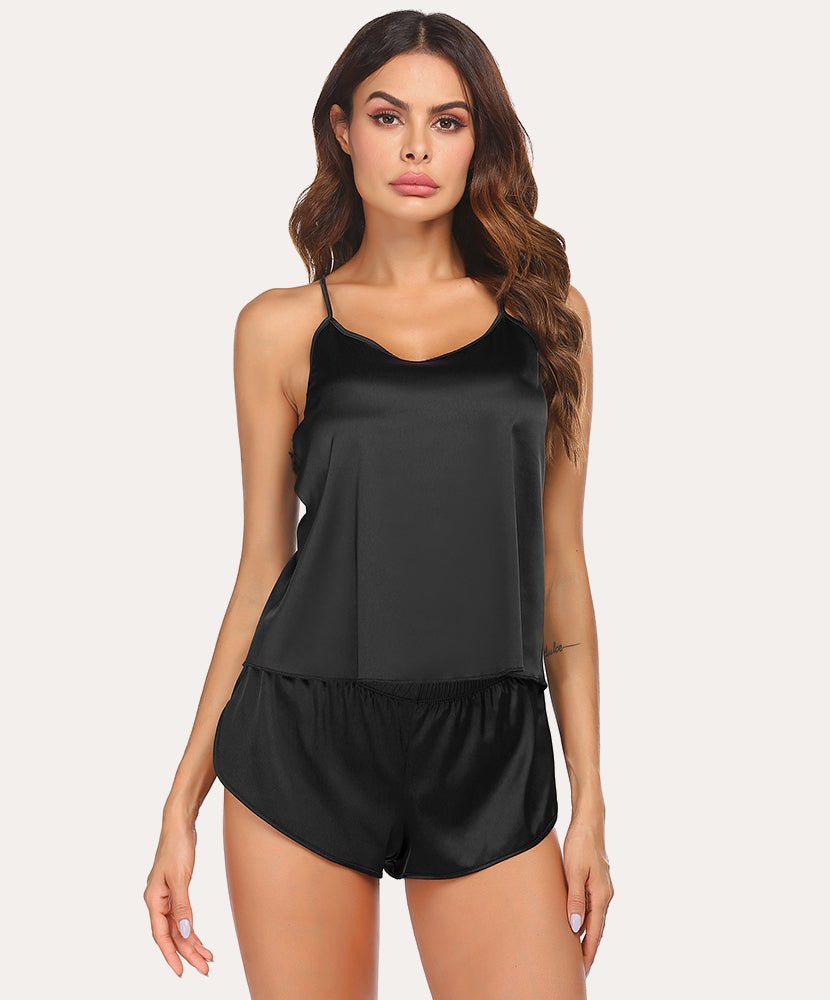 Black satin camisole and matching shorts set, spaghetti straps and elastic waist