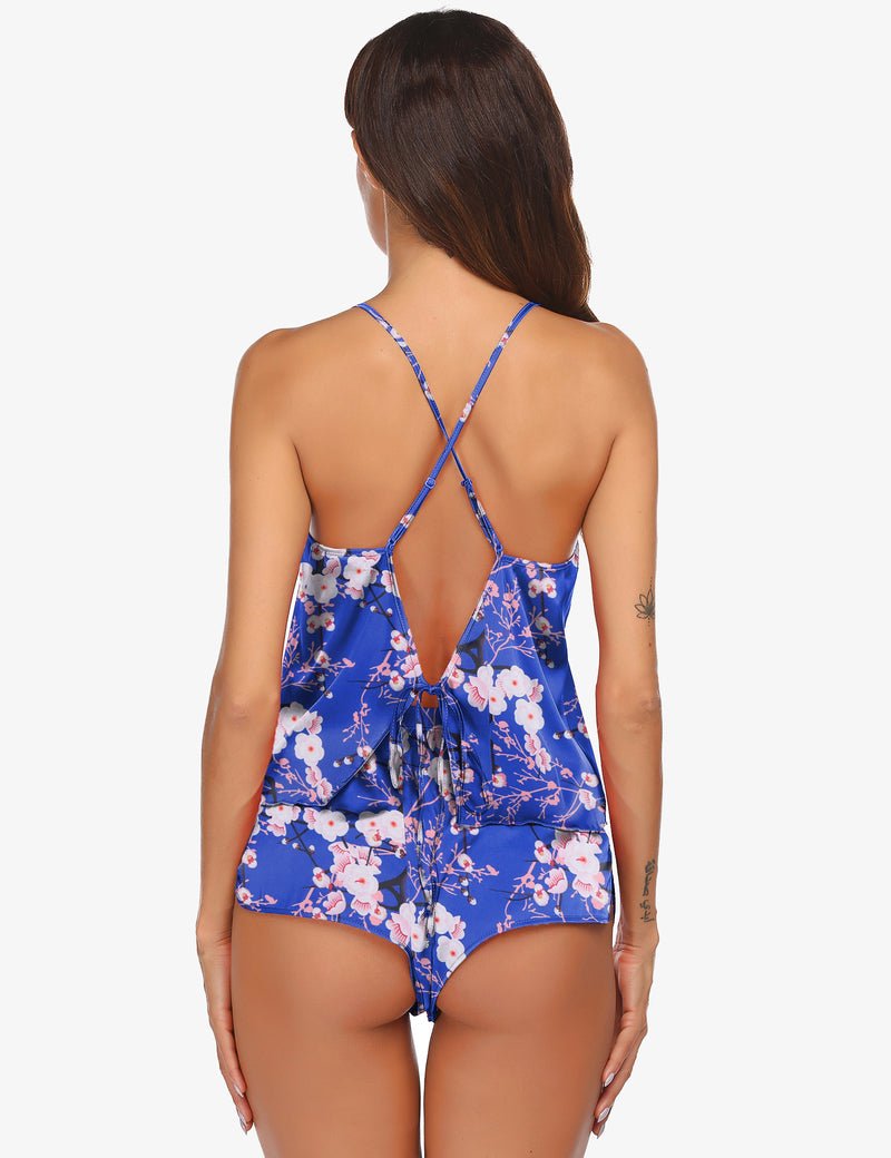 Blue satin floral camisole top & shorts set, open-back crisscross straps