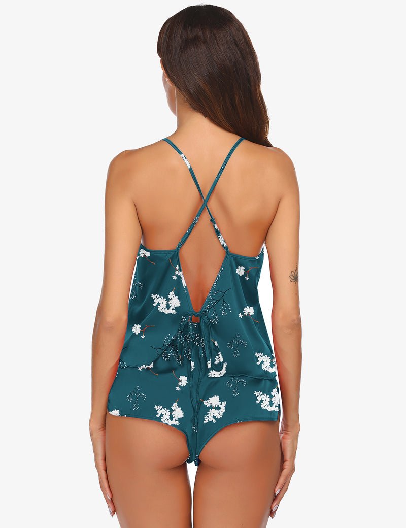 Teal satin floral camisole top & shorts set, crisscross open-back straps