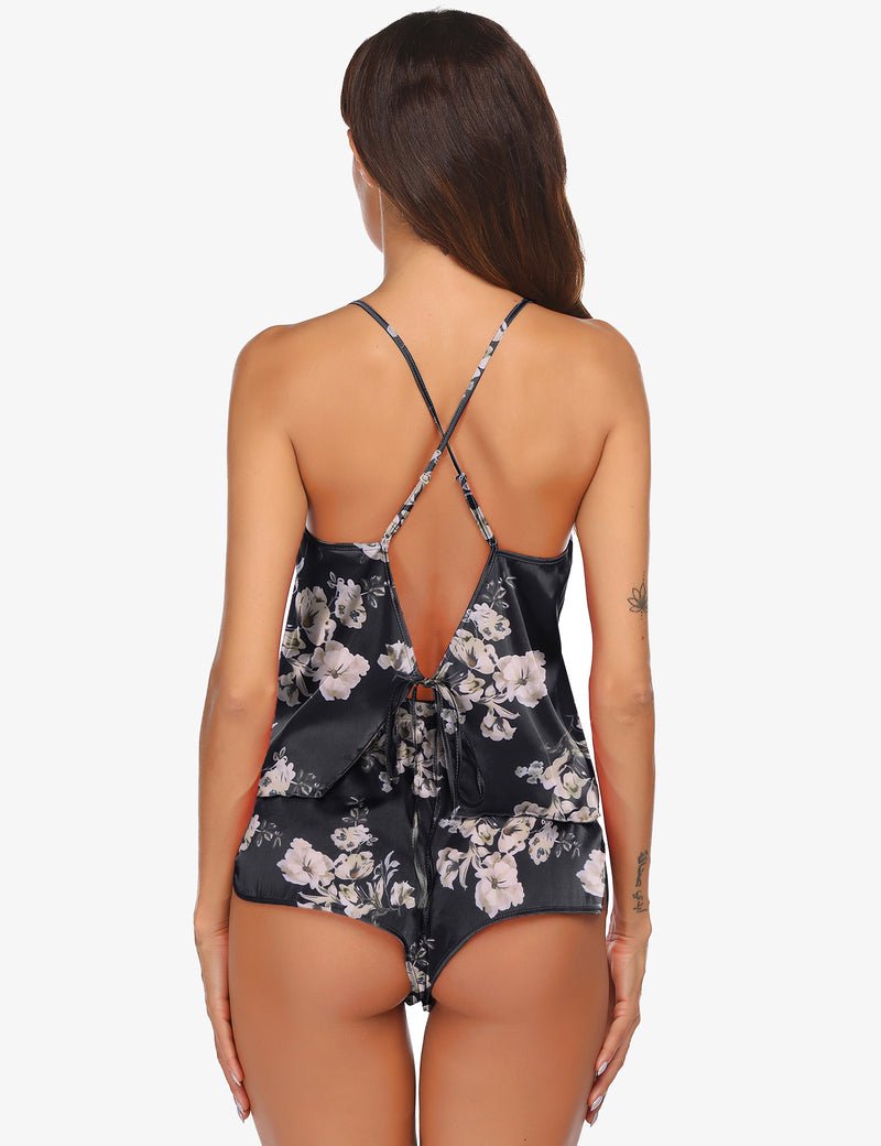 Black satin floral camisole top & shorts set, crisscross open-back straps