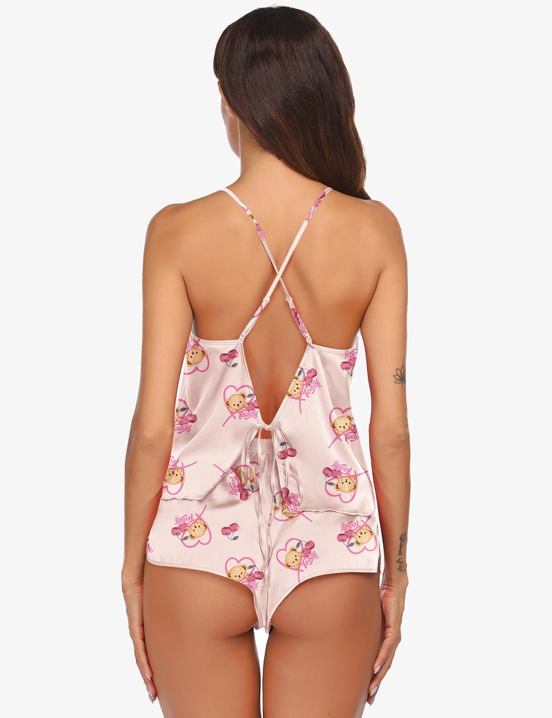Teddy print satin camisole set with crisscross back straps and matching shorts