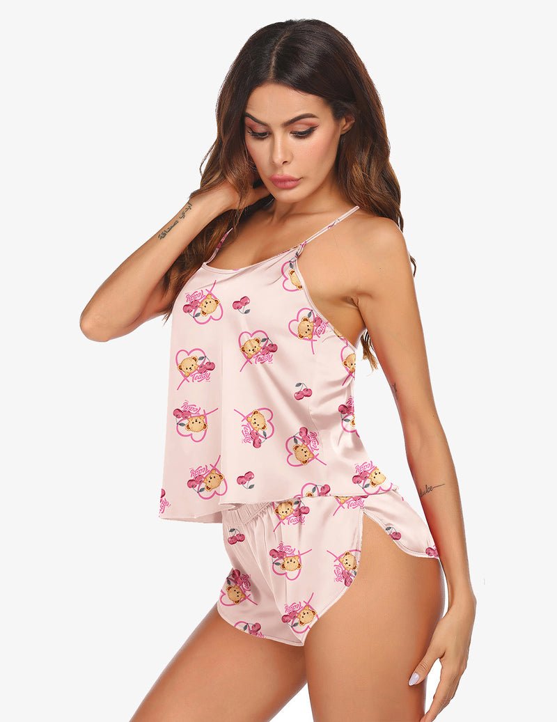 Light pink satin teddy print camisole top with matching shorts set