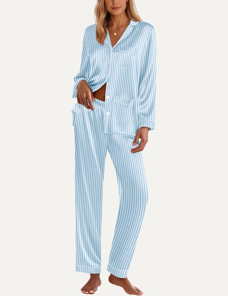 TEDDY satin pajama set, light blue striped button top with chest pocket and matching pants