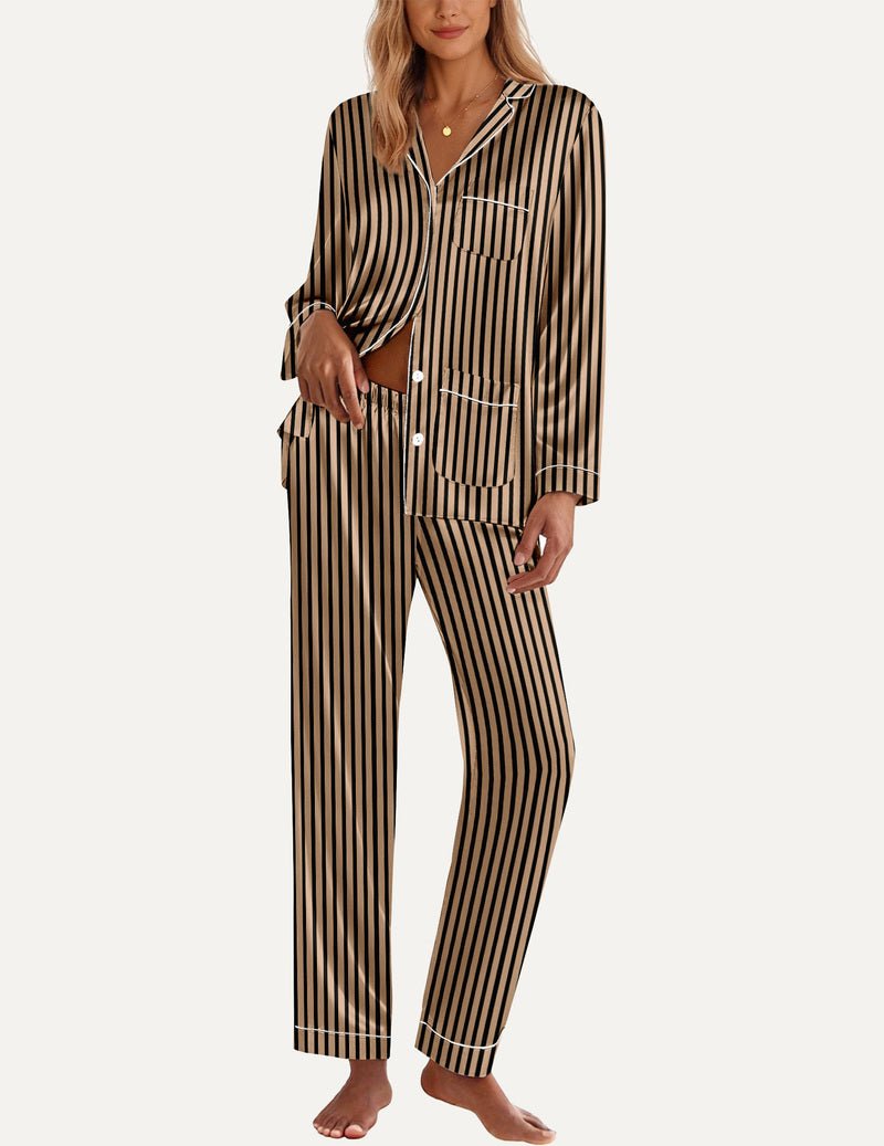 TEDDY satin pajama set, black-and-tan vertical striped button top with chest pocket