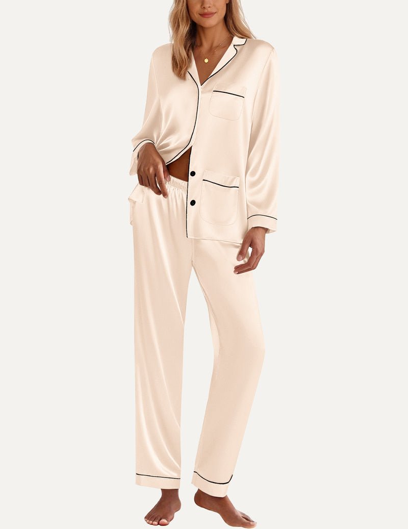 Champagne satin pajama set with button-front shirt, chest pocket, and long pants