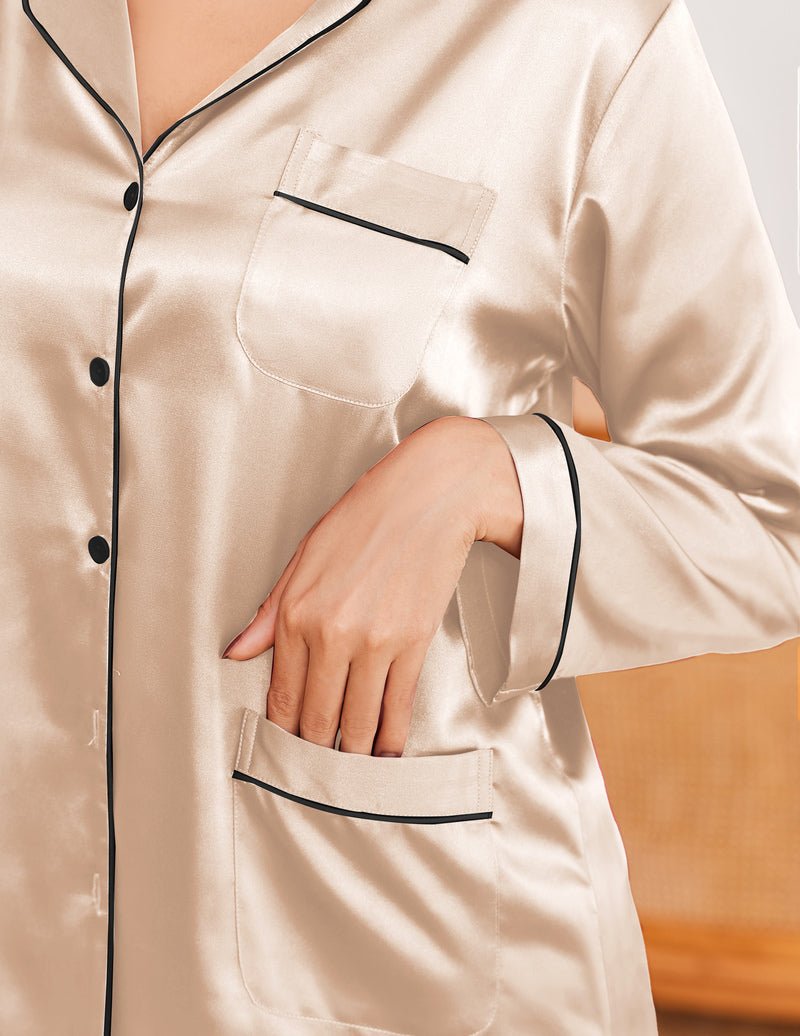 Champagne satin pajama set with black piping, button-front top and patch pockets