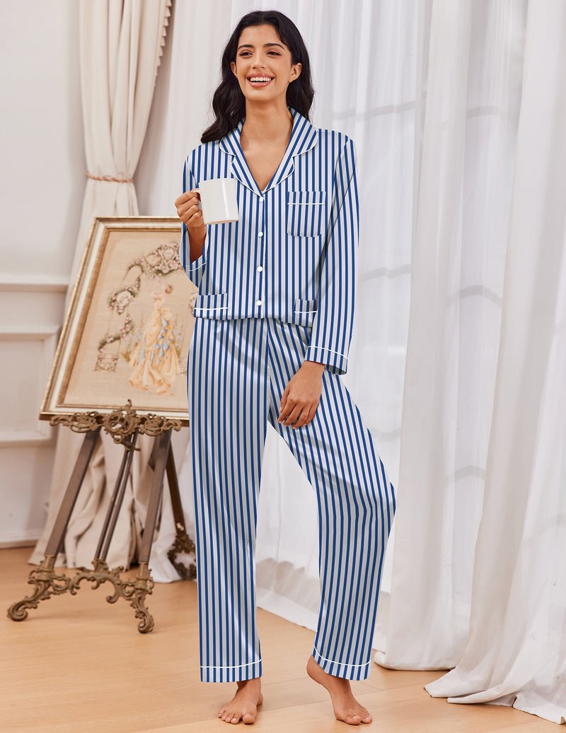 Blue striped satin pajama set with button placket, chest pockets, and long pants