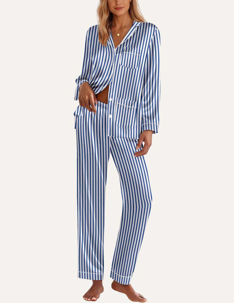 Blue and white striped satin pajama set, button-front top and cuffed long trousers