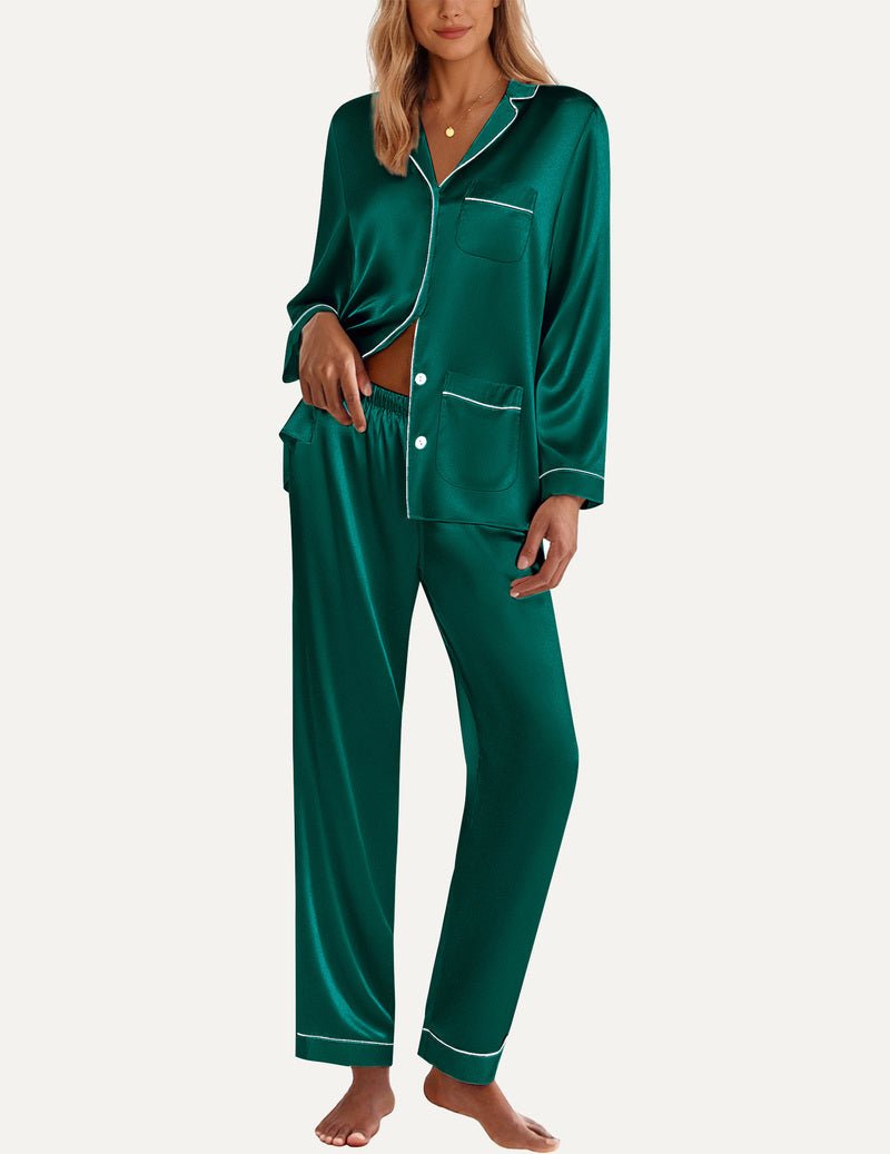 Dark green satin pajama set with button-front top and matching long trousers with piping