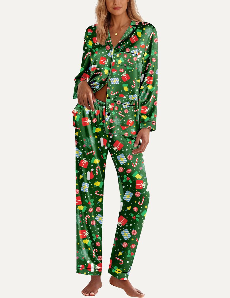 Green holiday printed satin pajama set with button-front top and matching long pants