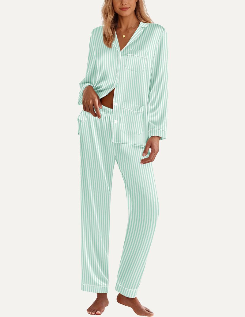 TEDDY satin pajama set, light mint green striped top with chest pocket and matching pants