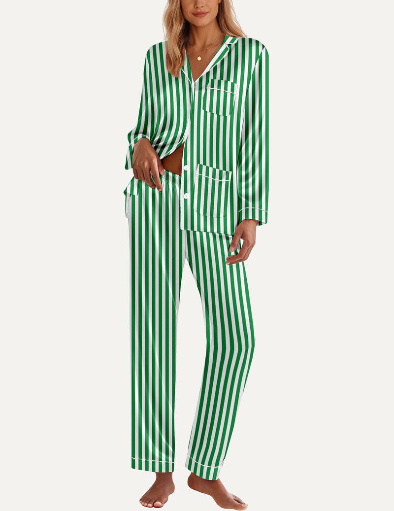 TEDDY satin pajama set, green-and-white vertical striped button top with chest pocket