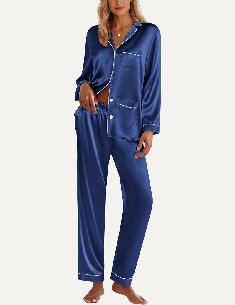 Navy satin pajama set with contrast trim, button-front top and long pants