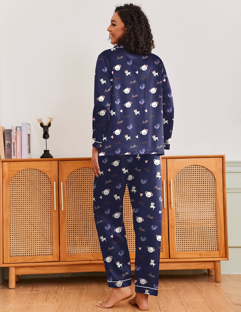 Navy teddy-print pajama set, long-sleeve button top and full-length trousers