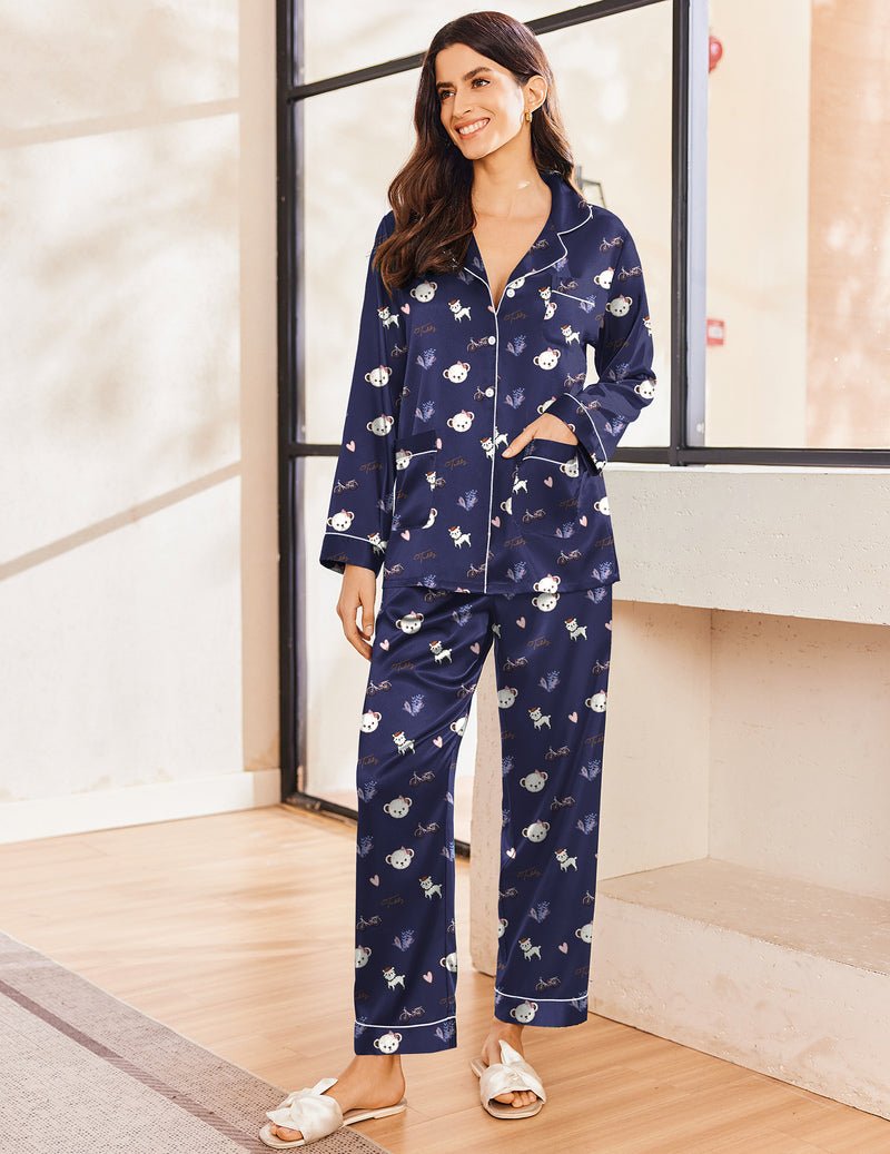 Navy teddy-print satin pajama set with button-front top and matching long pants
