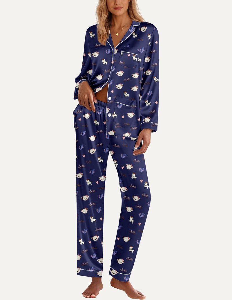 Navy teddy-print satin pajama set, button placket and drawstring-style waistband