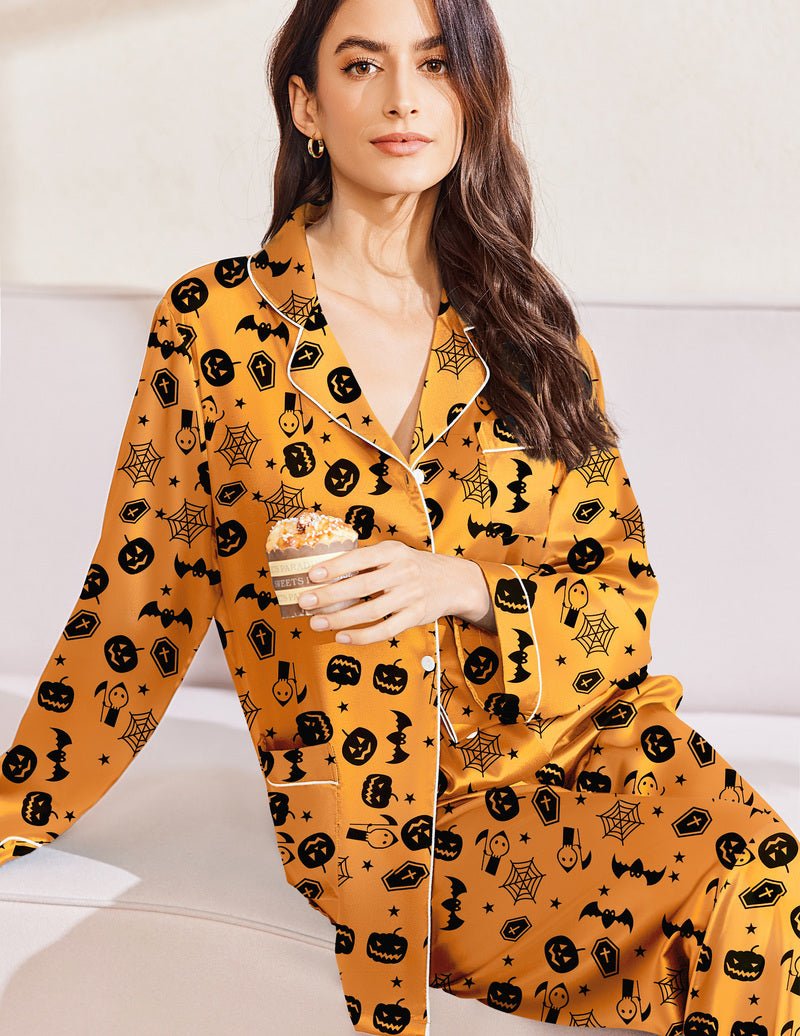 Two-piece satin pajama set with Halloween icons print, button front and collar