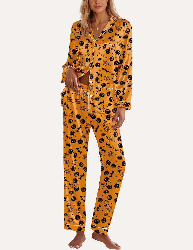 TEDDY satin pajama set, orange Halloween character print, button top and long pants