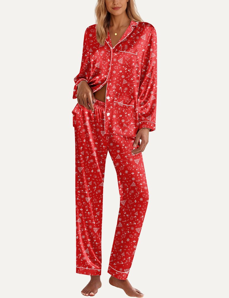 Red holiday printed satin pajama set with button-front top and matching long pants