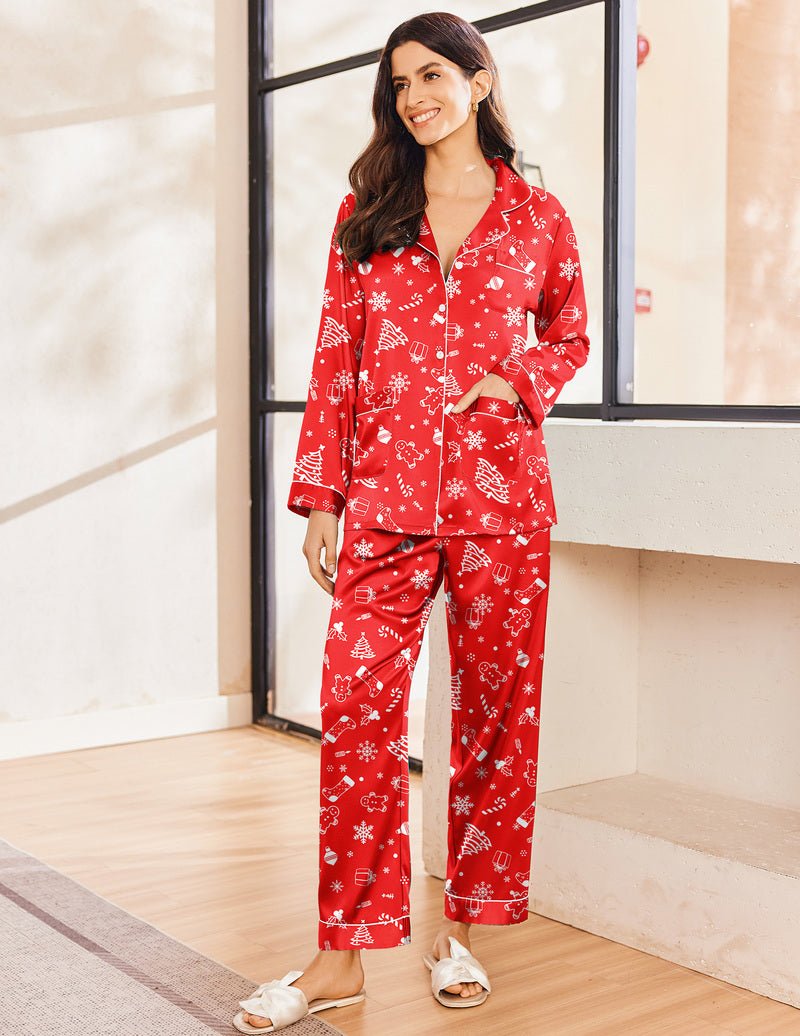 Red holiday printed satin pajama set with button-front top and long pants