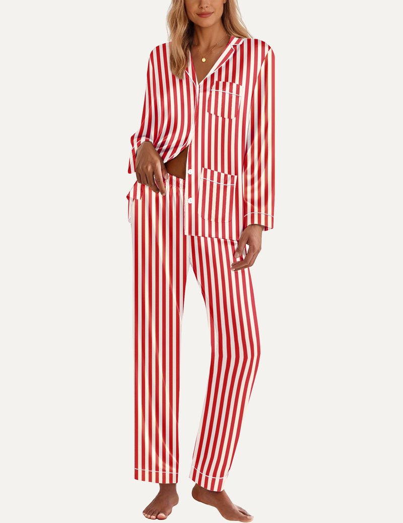 TEDDY satin pajama set, red-and-white vertical striped button top with chest pocket