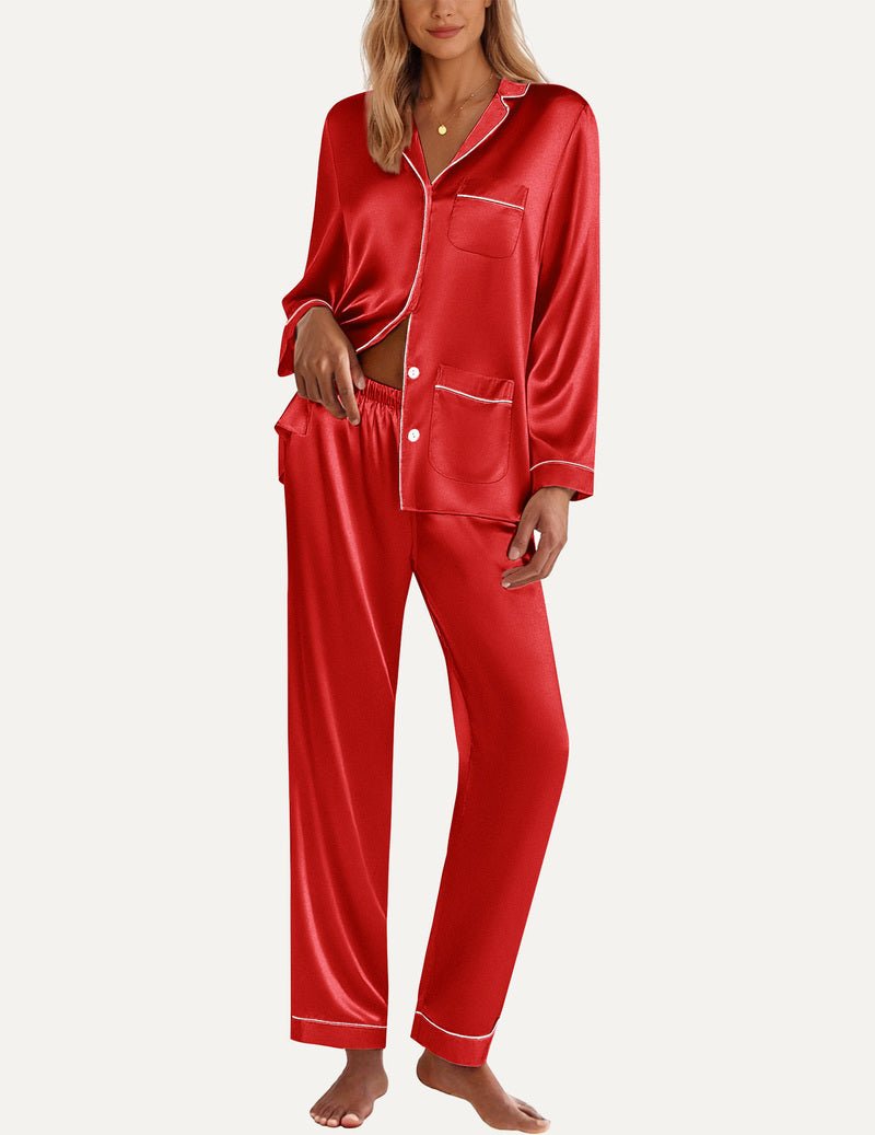TEDDY satin pajama set, red button-front top with chest pocket and matching pants