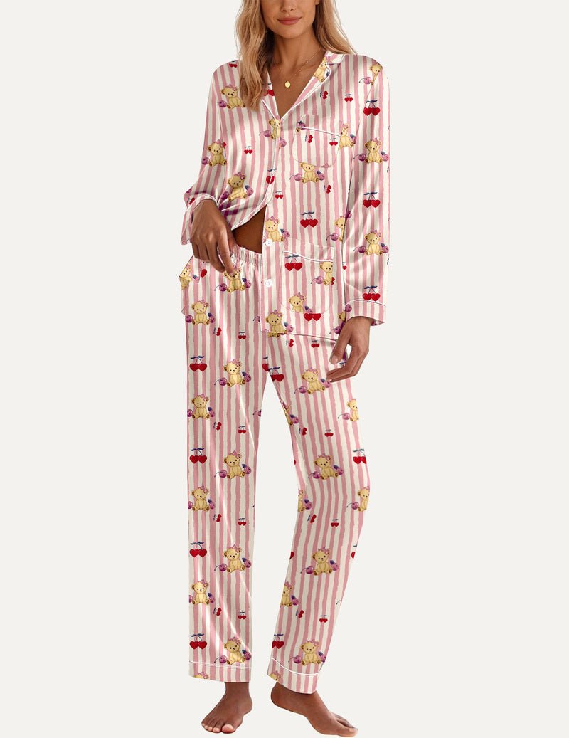 Pink striped teddy satin pajama set with button-front top and long pants