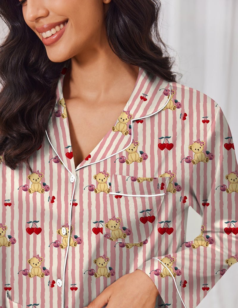 Pink striped teddy-print satin pajama top with collar and button placket