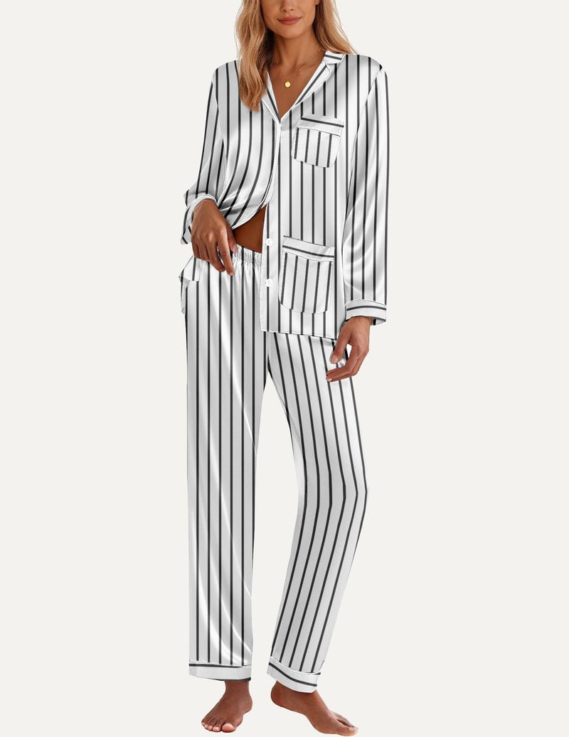 Black-and-white striped satin pajama set with pocketed button shirt and pants