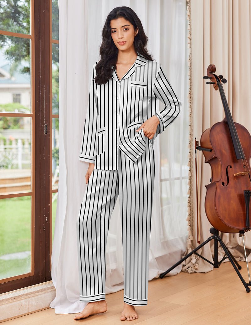 Black-and-white striped satin pajama set, long-sleeve button top and wide-leg pants