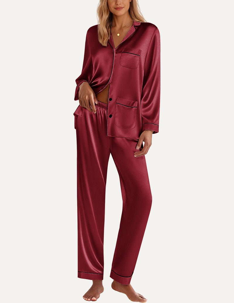 TEDDY satin pajama set, wine red button-front top with chest pocket and matching pants