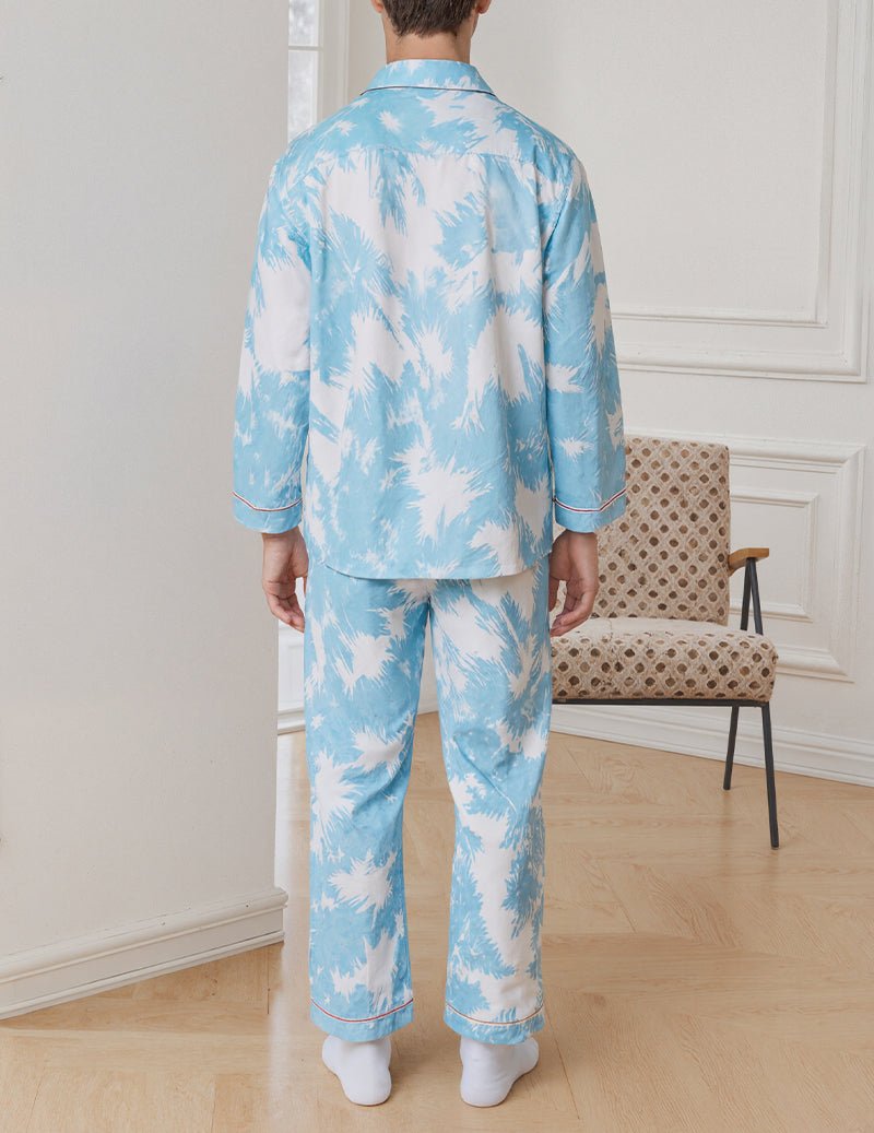 Men's blue tie-dye pajama set, long-sleeve top and long pants from back view