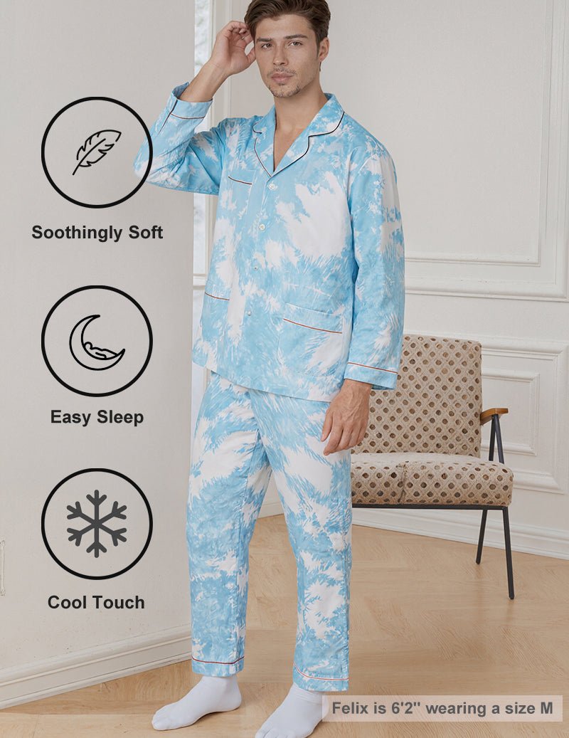 Men's blue tie-dye pajama set, button-up shirt and long pants shown at side