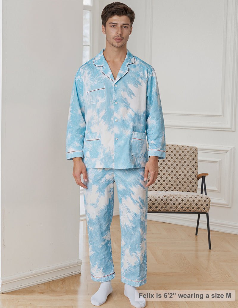 Men's blue tie-dye pajama set, button-up shirt and long pants, relaxed fit