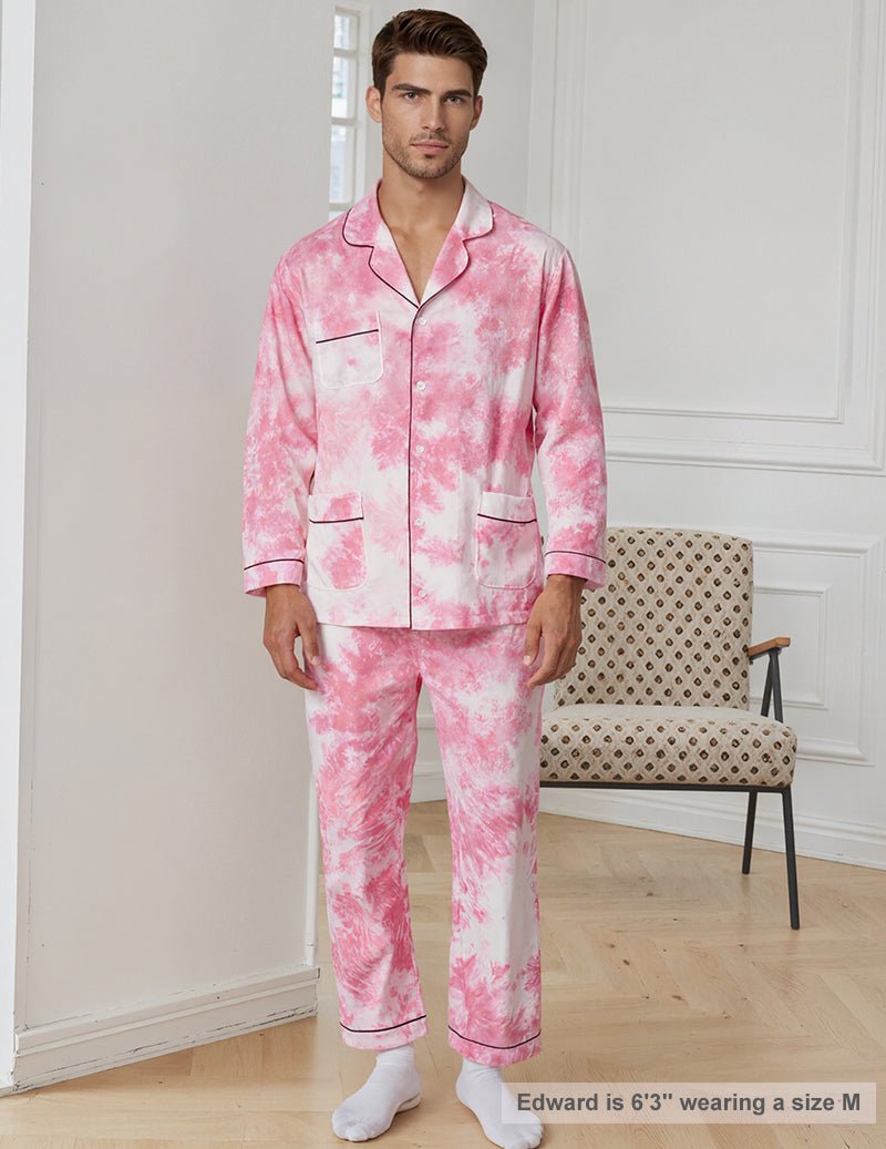 Men's pink tie-dye pajama set, button-up shirt and long pants, relaxed fit