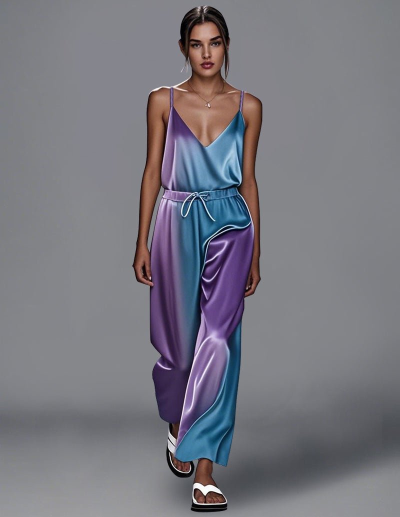 Satin tie-dye cami top and wide-leg pants set in purple and blue