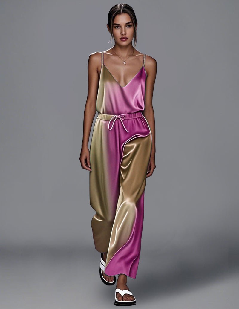 Satin tie-dye cami top and wide-leg pants set in pink, gold, and purple