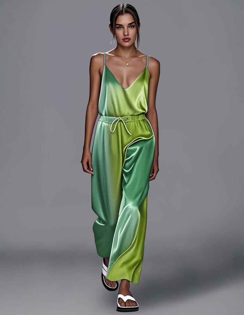 Satin tie-dye cami top and wide-leg pants set in green and lime